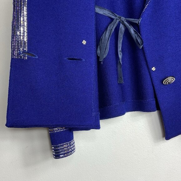 St. John Sz 14 Royal Blue Santana Knit Silver Paillette Rhinestone Blazer Jacket - Picture 7 of 9